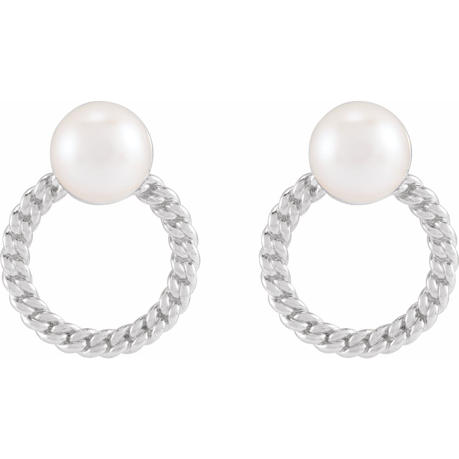 14K Gold Cultured White Akoya Pearl & Curb Chain Earrings