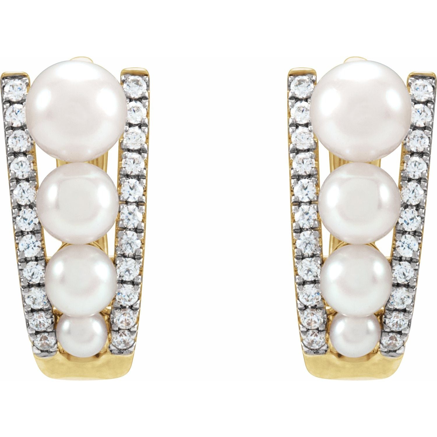 14K Gold Cultured White Freshwater Pearl & Natural Diamond Hoop Earrings