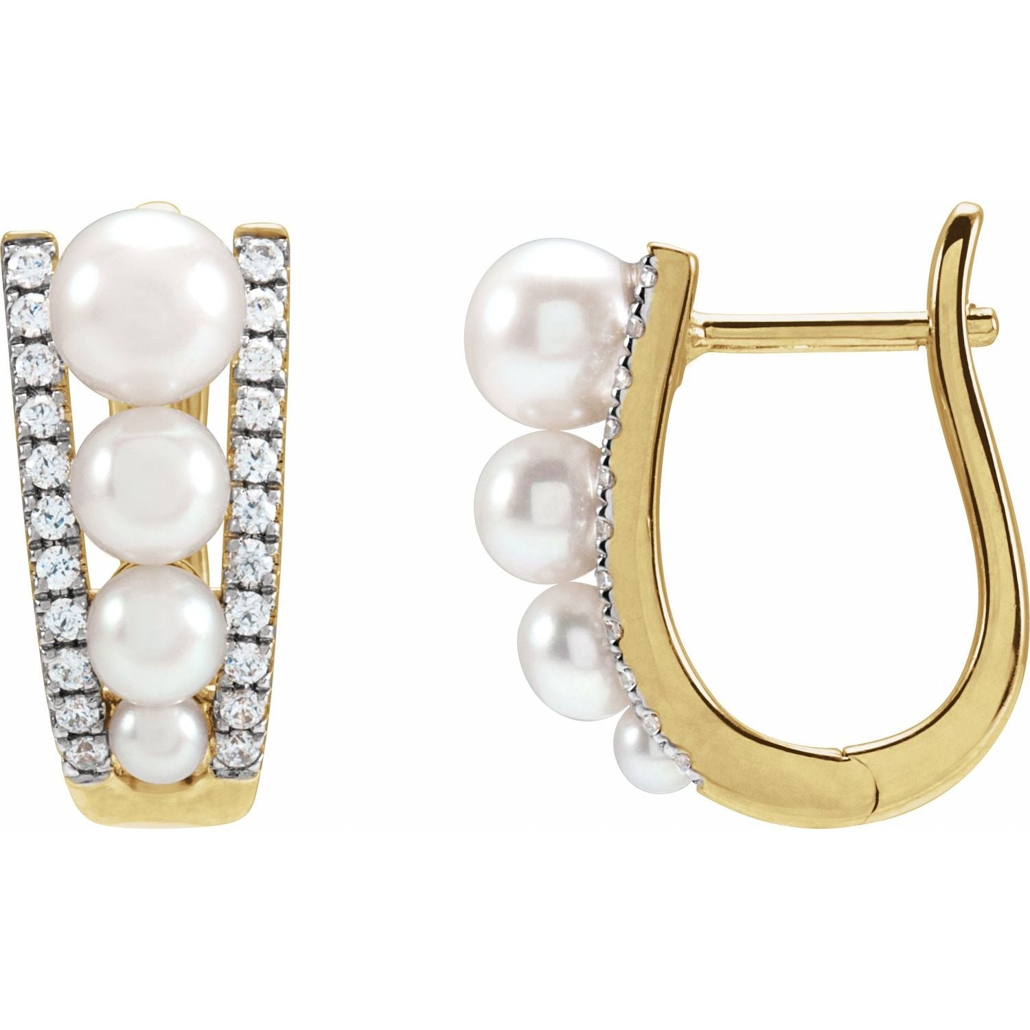 14K Gold Cultured White Freshwater Pearl & Natural Diamond Hoop Earrings