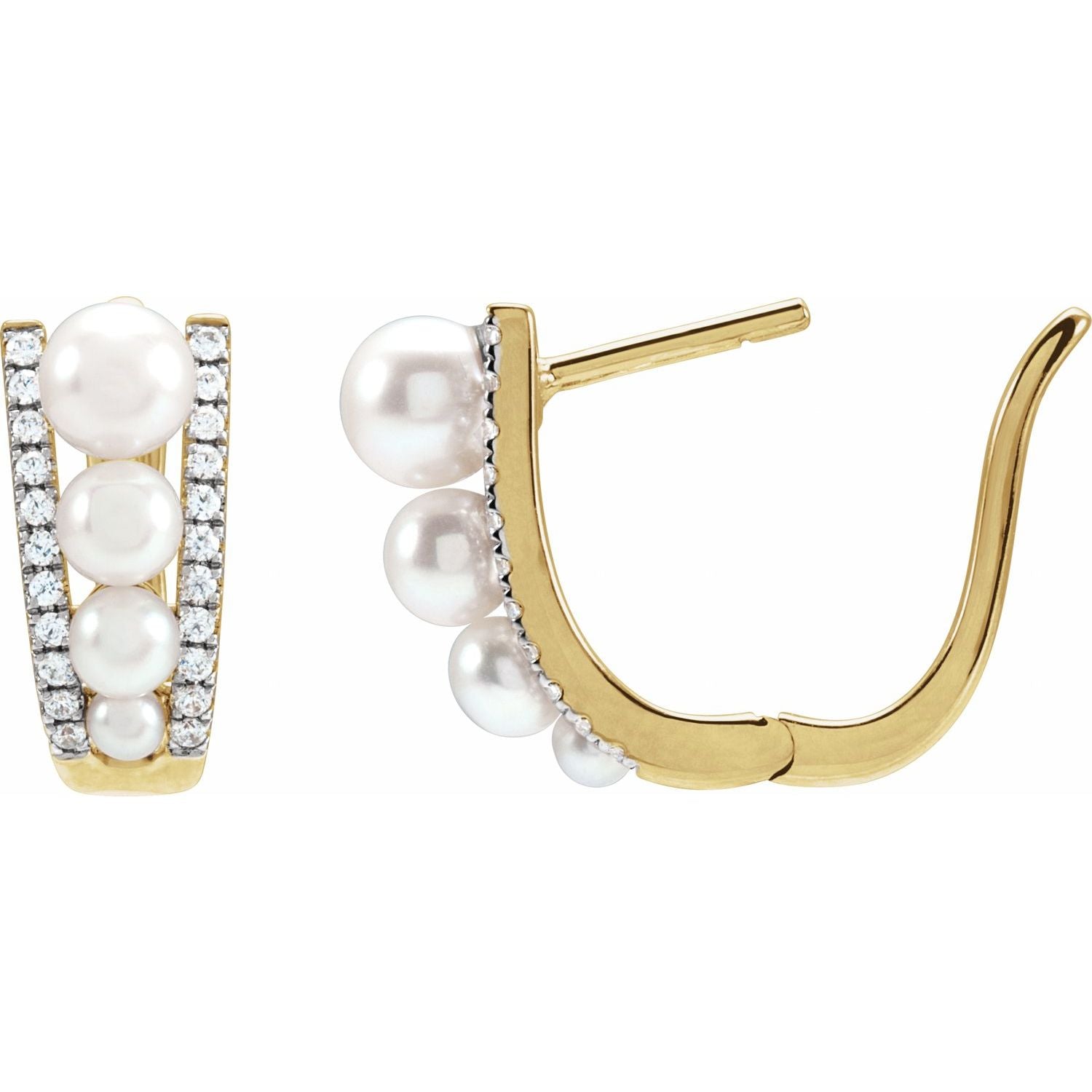 14K Gold Cultured White Freshwater Pearl & Natural Diamond Hoop Earrings