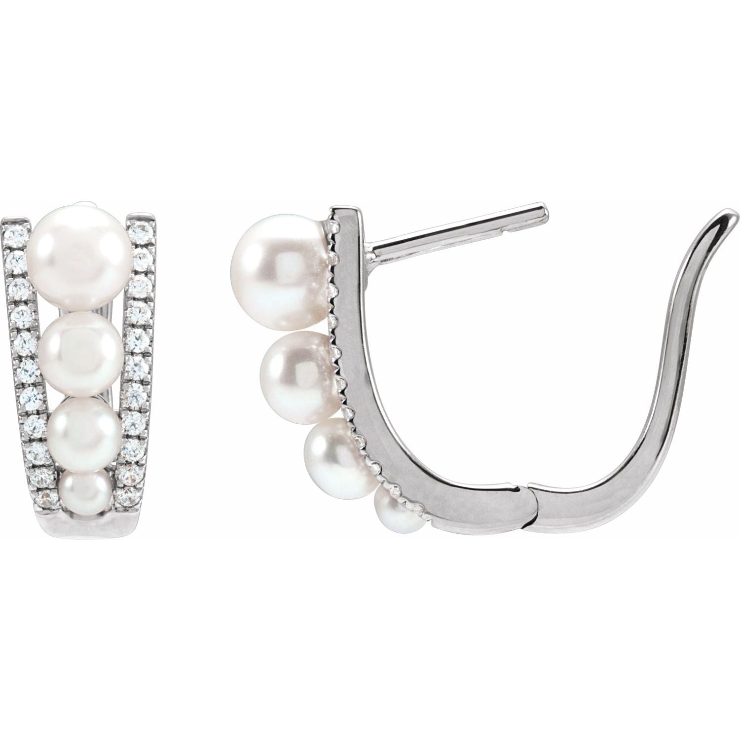 14K Gold Cultured White Freshwater Pearl & Natural Diamond Hoop Earrings