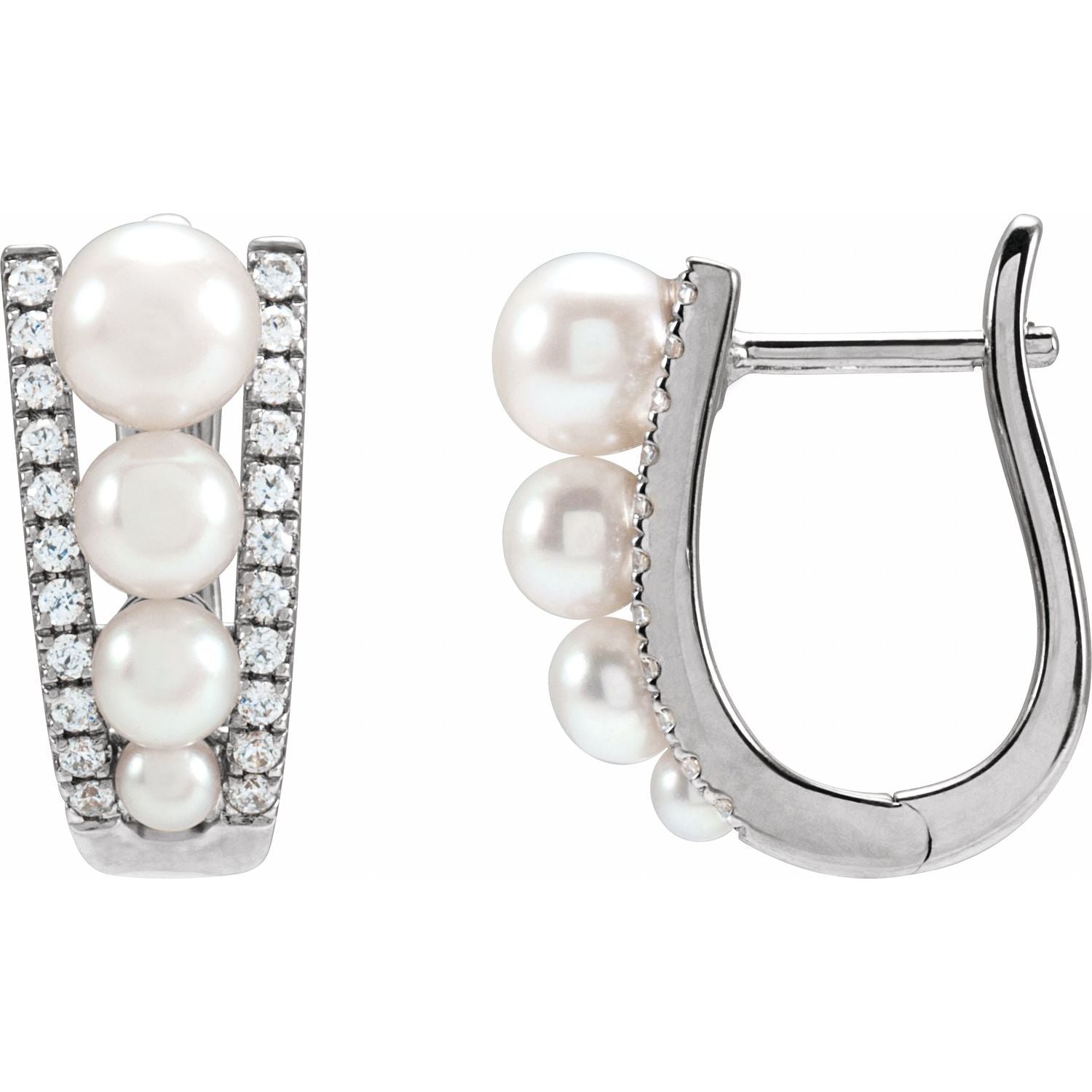 14K Gold Cultured White Freshwater Pearl & Natural Diamond Hoop Earrings
