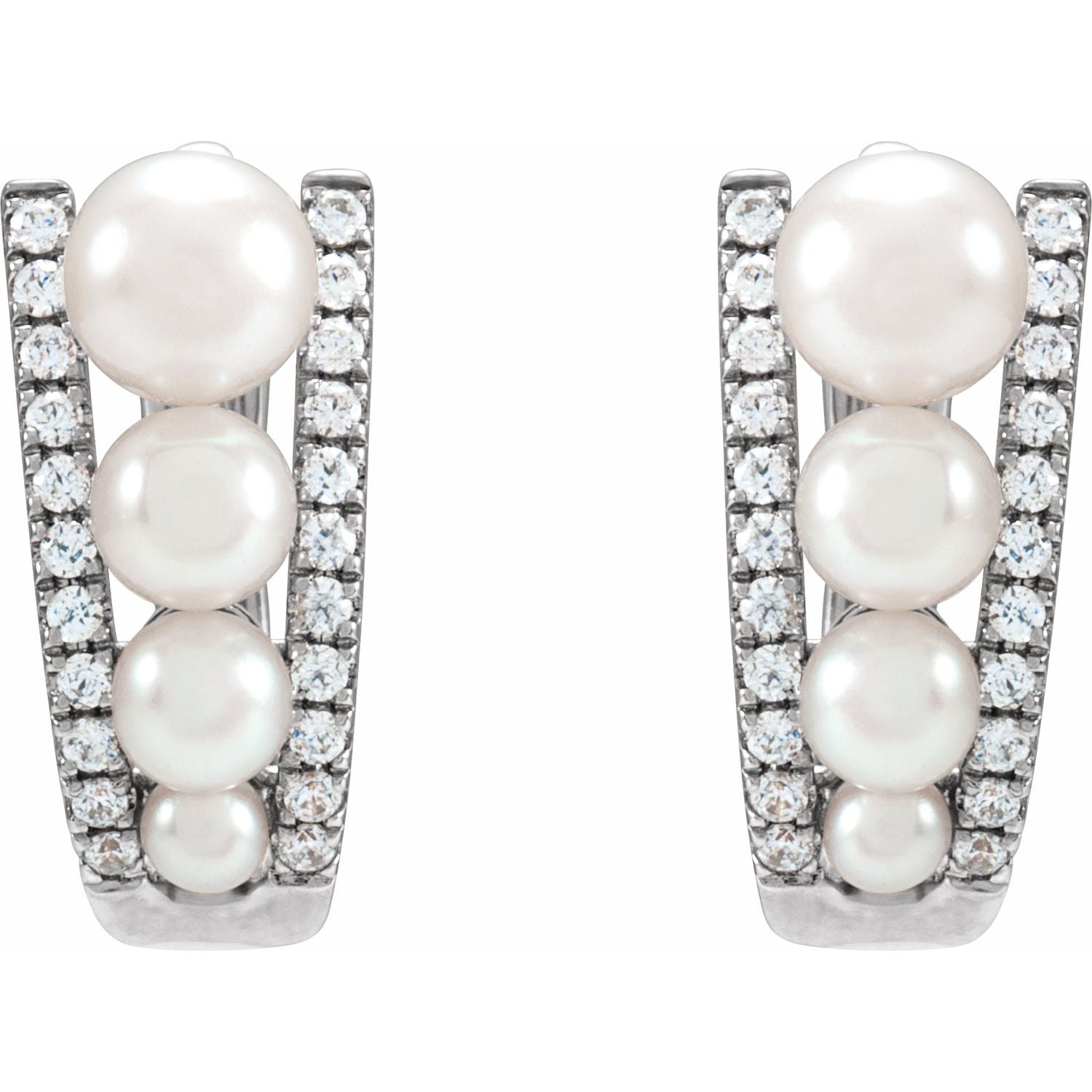 14K Gold Cultured White Freshwater Pearl & Natural Diamond Hoop Earrings