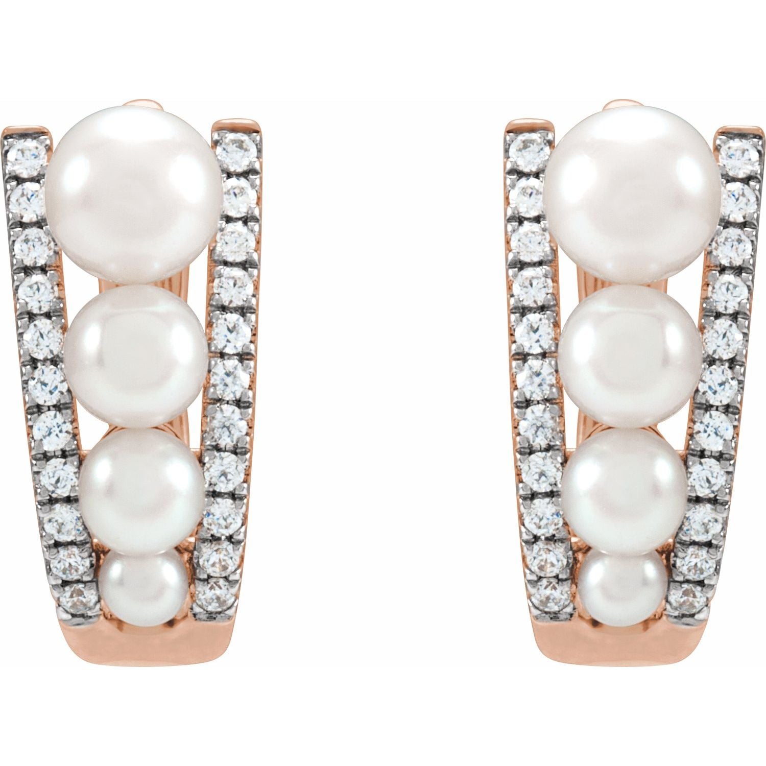 14K Gold Cultured White Freshwater Pearl & Natural Diamond Hoop Earrings