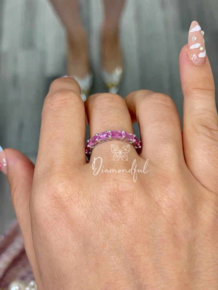 Exquisite 5.98 CT Emerald Cut Pink Sapphire Eternity Band