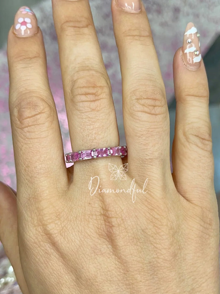Exquisite 5.98 CT Emerald Cut Pink Sapphire Eternity Band