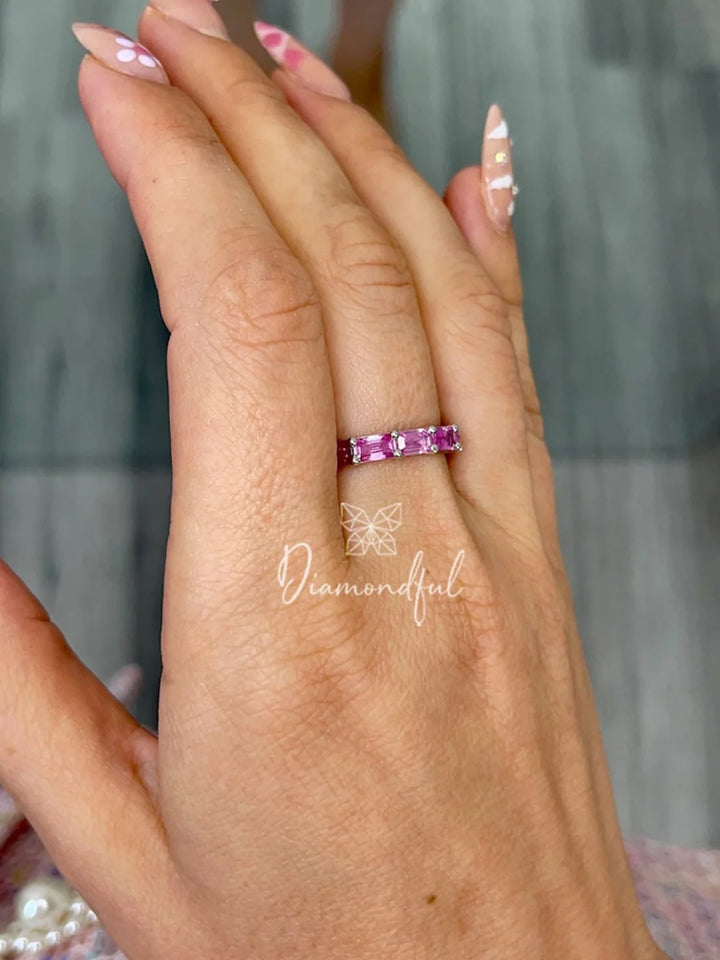 Exquisite 5.98 CT Emerald Cut Pink Sapphire Eternity Band