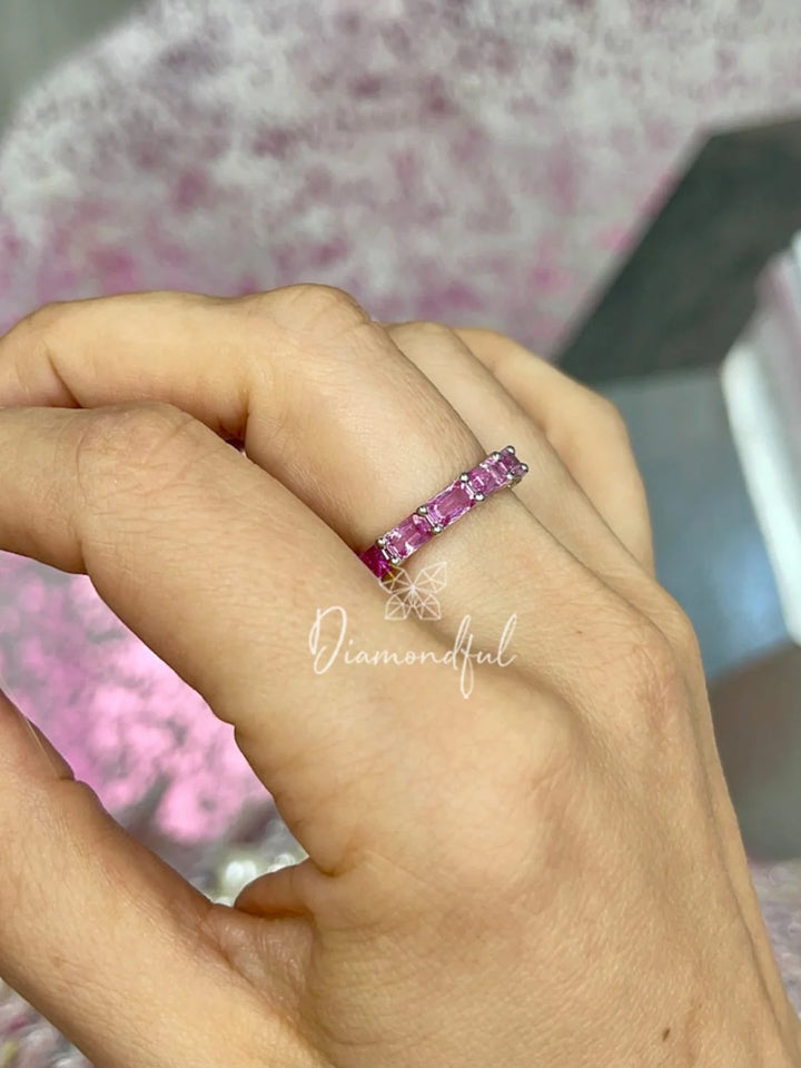 Exquisite 5.98 CT Emerald Cut Pink Sapphire Eternity Band