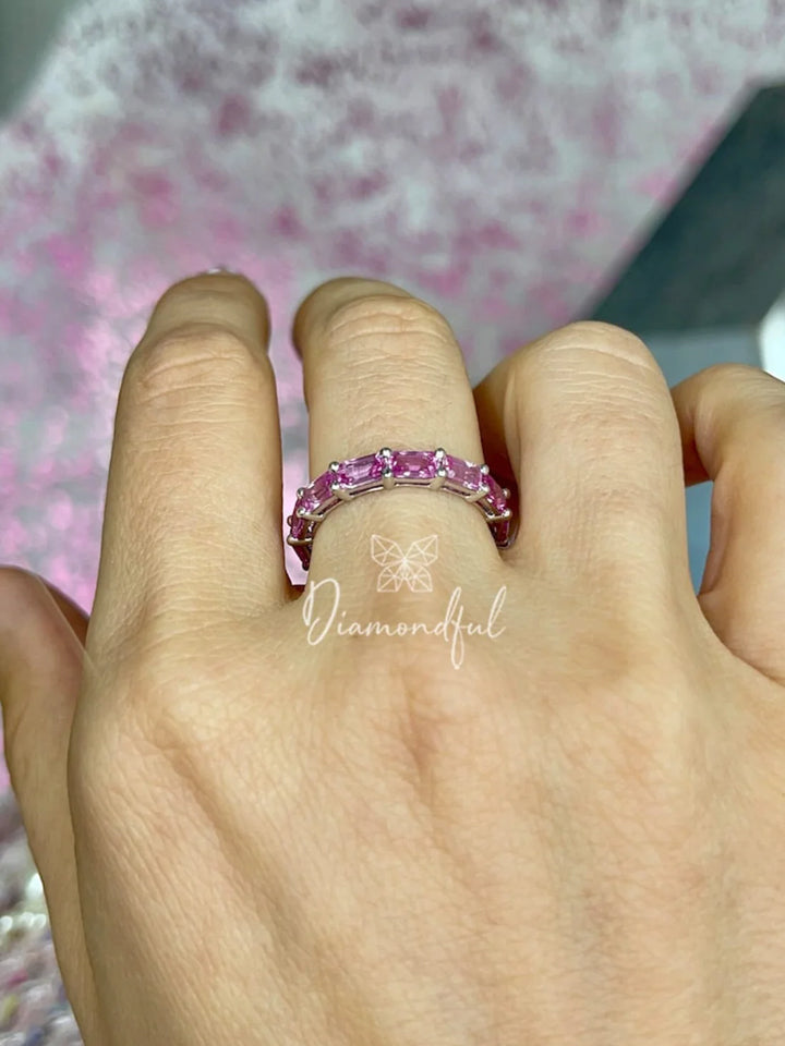 Exquisite 5.98 CT Emerald Cut Pink Sapphire Eternity Band