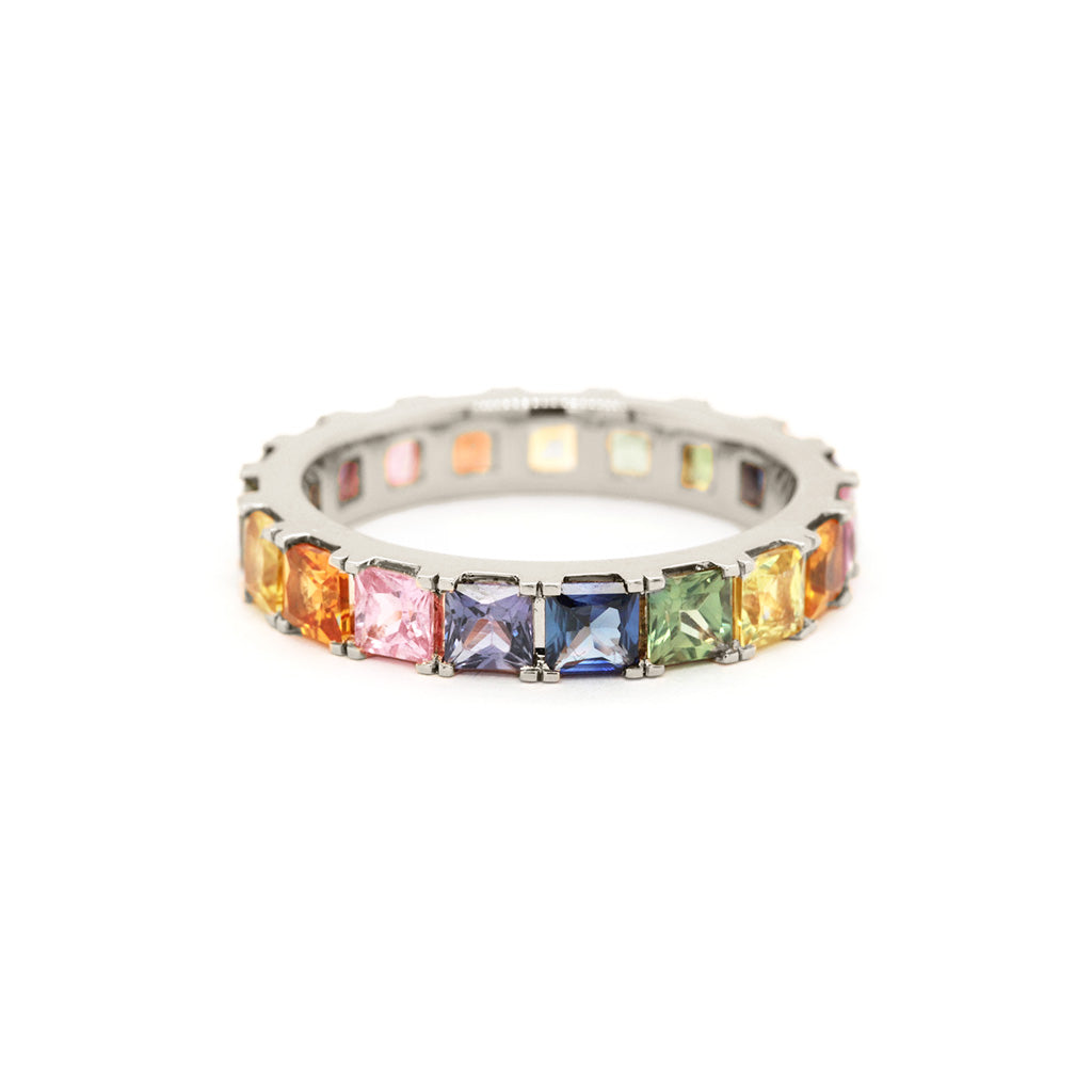 18K Gold Rainbow Sapphire 19 Diamonds Full Eternity Band