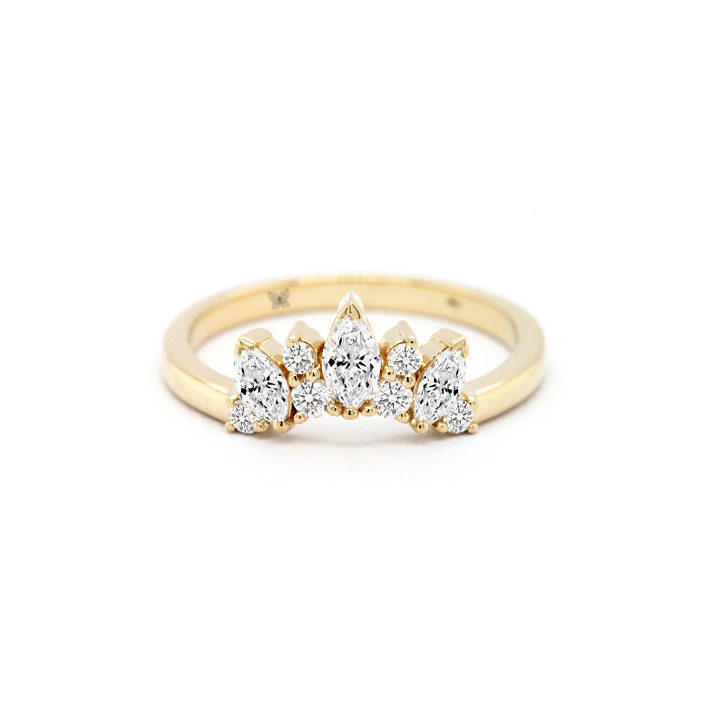 14K Gold 9 Diamonds Curved Band