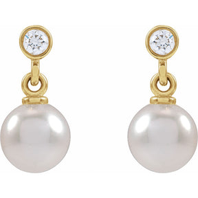 14K Gold Cultured White Akoya Pearl & Natural Diamond Earrings