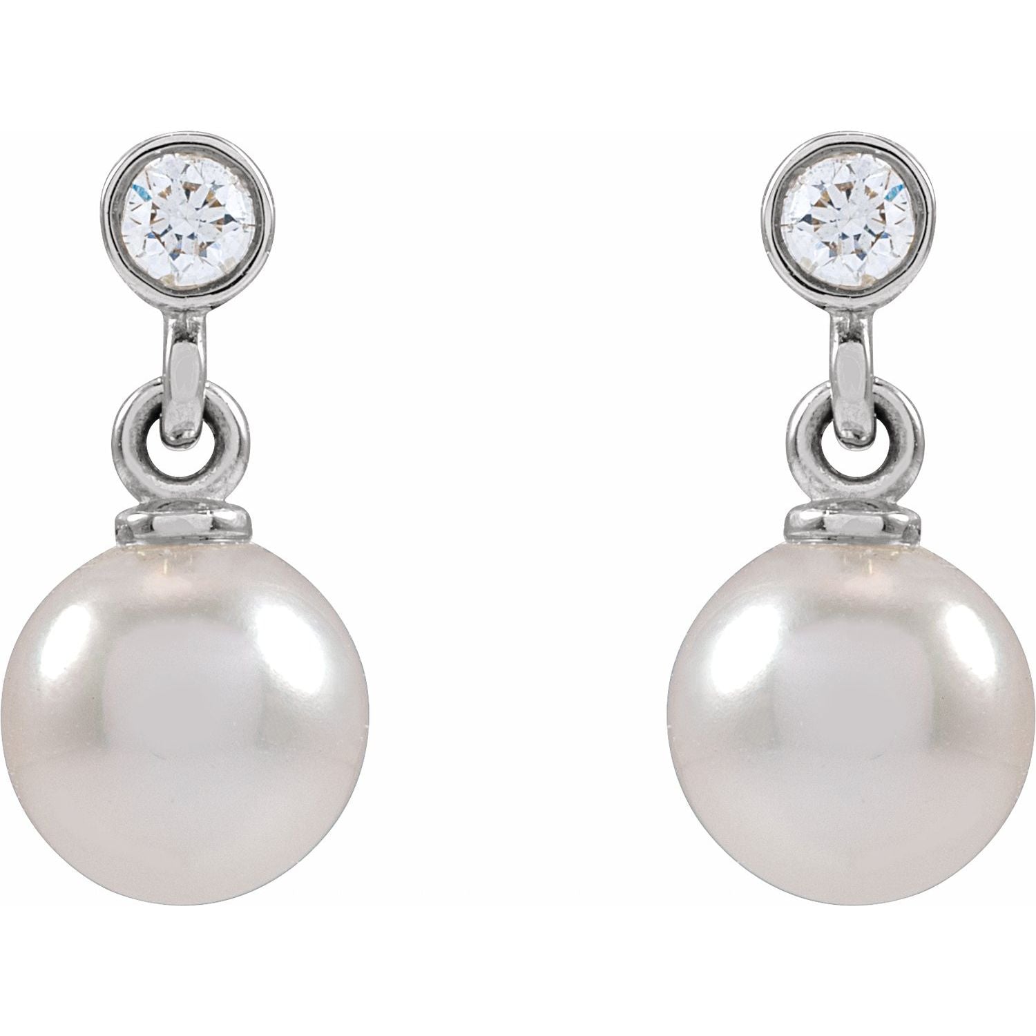 14K Gold Cultured White Akoya Pearl & Natural Diamond Earrings