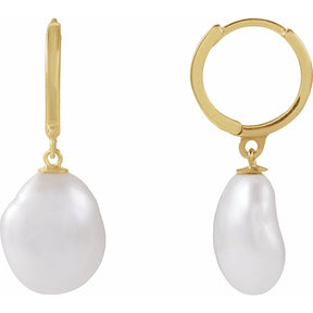 14K Gold Cultured White Freshwater Keshi Pearl Hoop Earrings