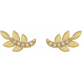 14K Gold Natural Diamond Leaf Earrings