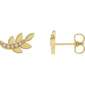 14K Gold Natural Diamond Leaf Earrings