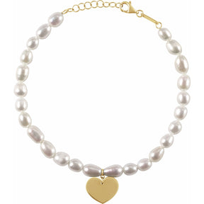 14K Gold Cultured White Freshwater Pearl Heart Dangle Bracelet