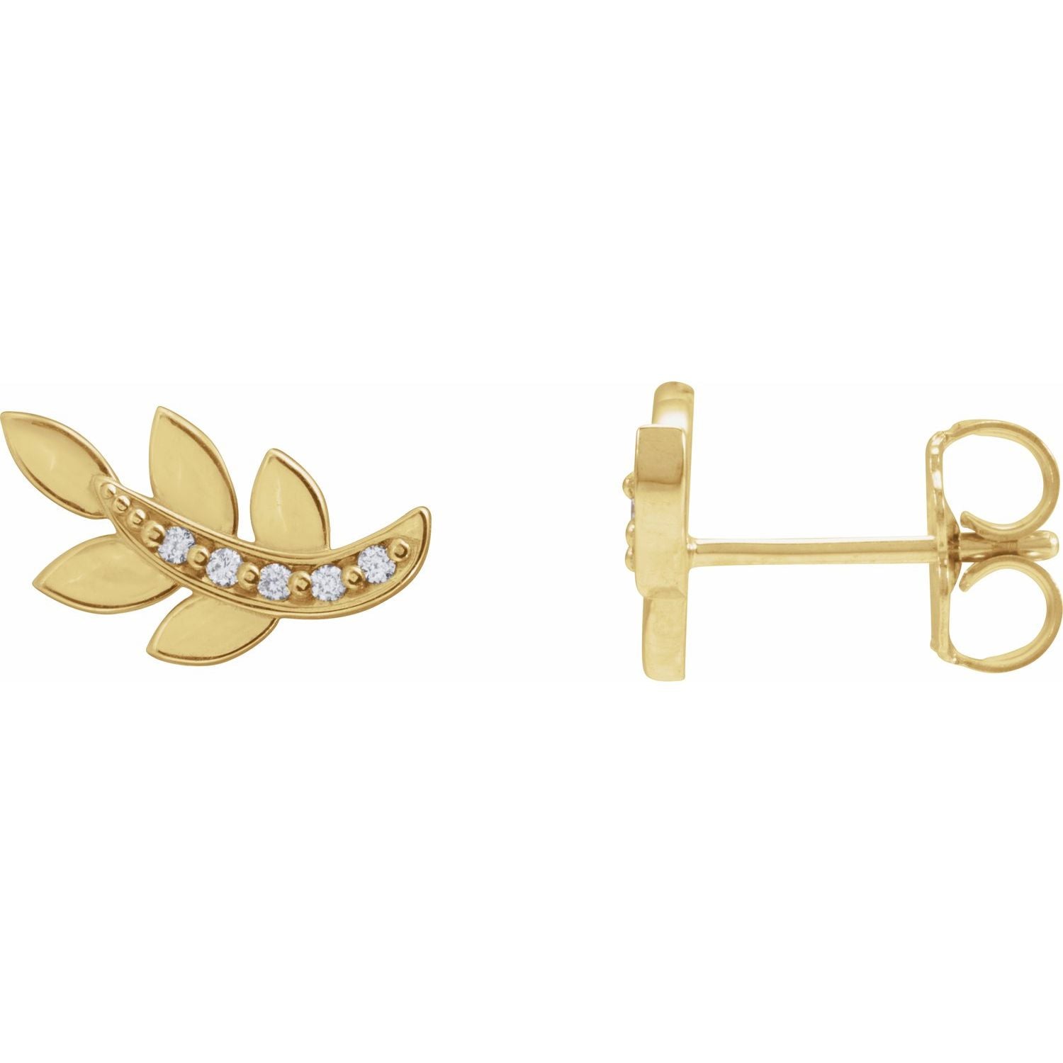 14K Gold Natural Diamond Leaf Earrings