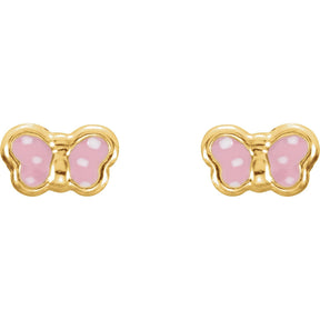 14K Gold Pink Enamel Youth Butterfly Earrings