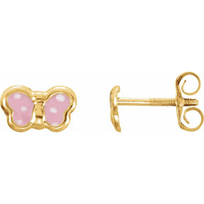 14K Gold Pink Enamel Youth Butterfly Earrings