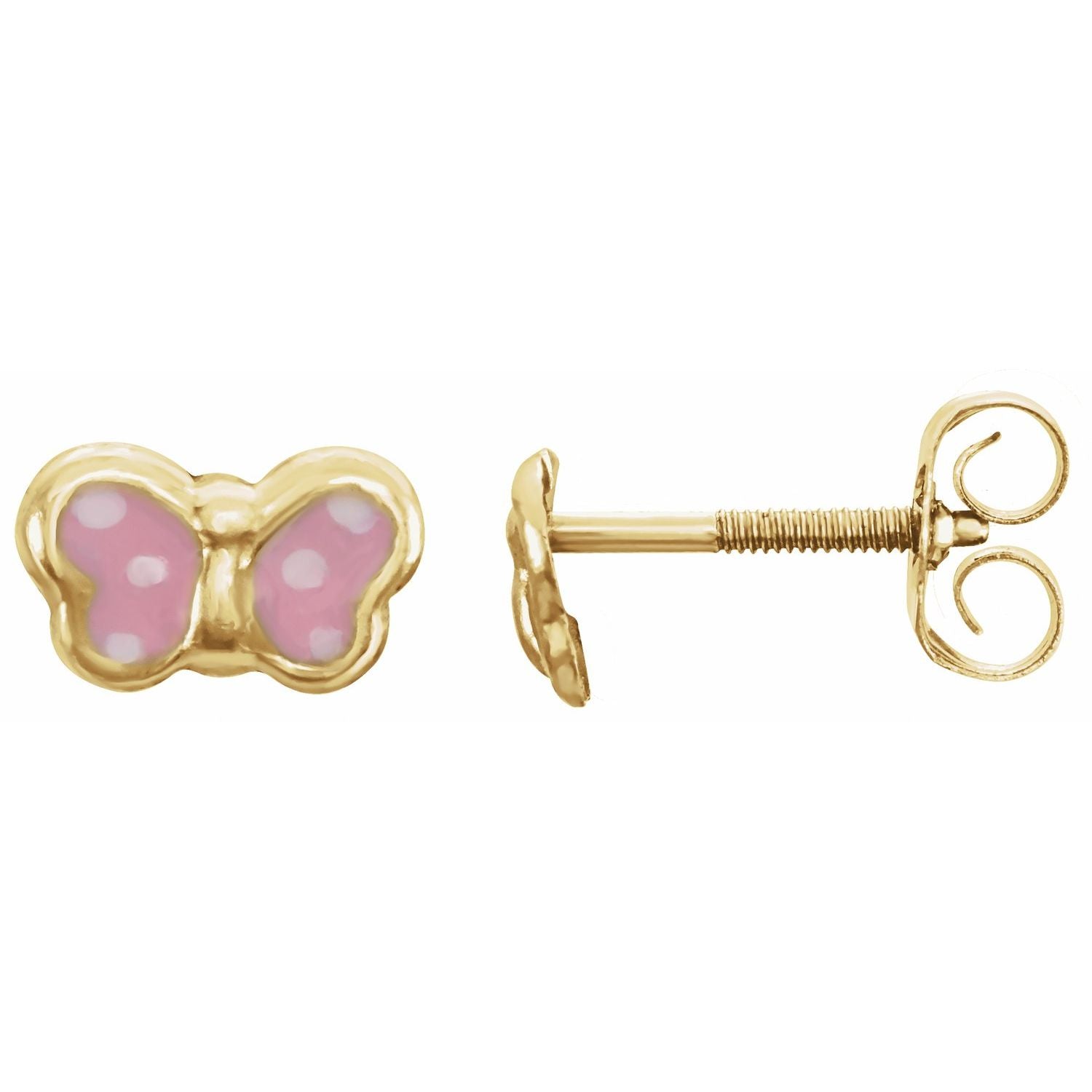 14K Gold Pink Enamel Youth Butterfly Earrings