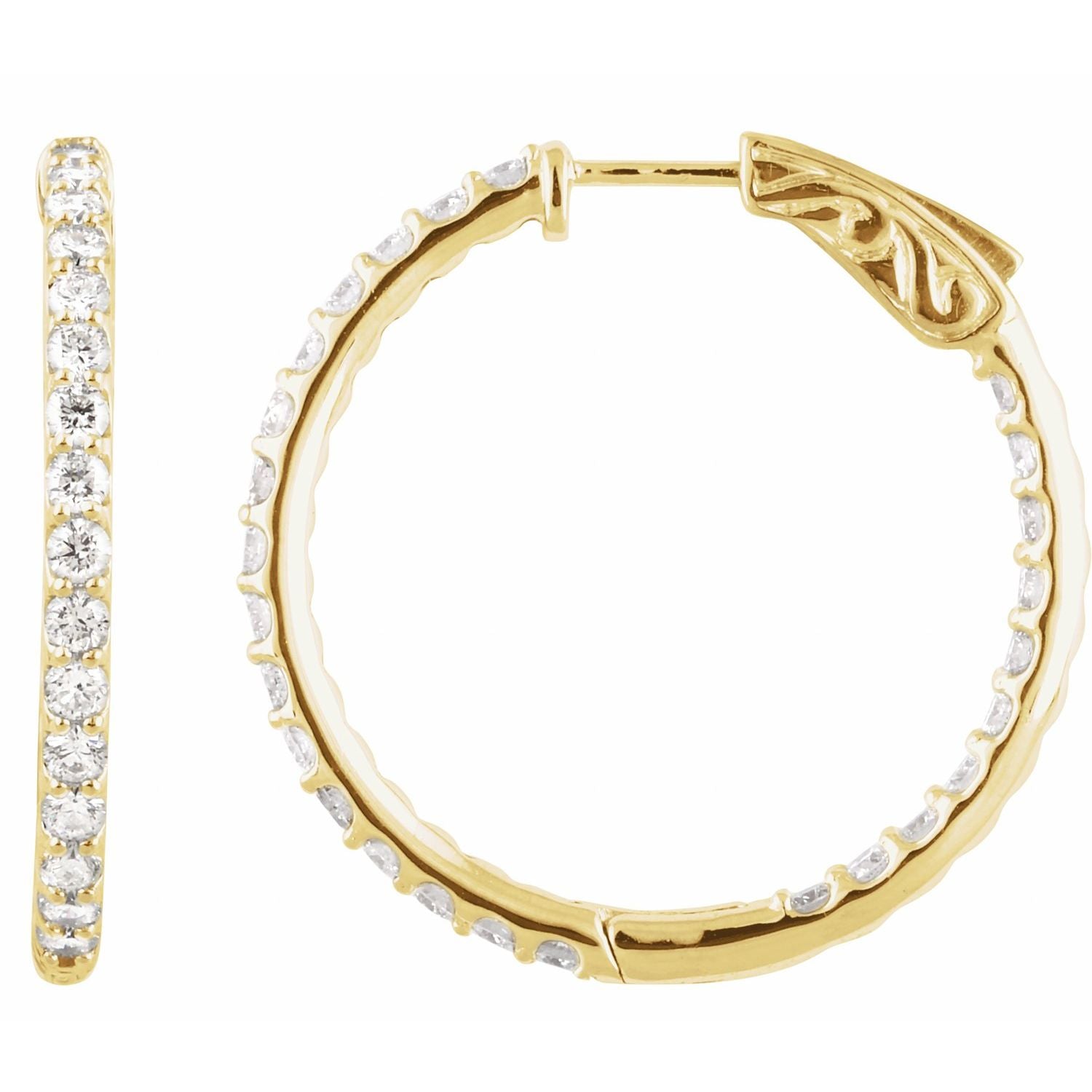 14K Gold Natural Diamond Inside-Outside Hinged Hoop Earrings