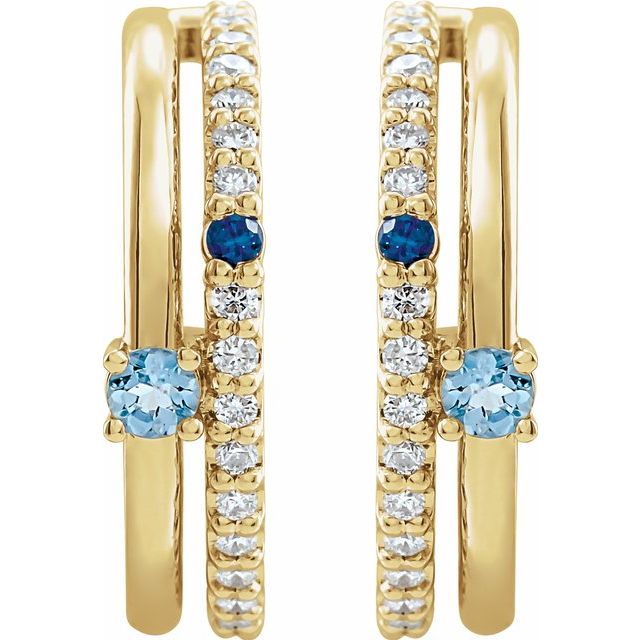 14K Gold Natural Multi-Gemstone Natural Diamond Hoop Earrings